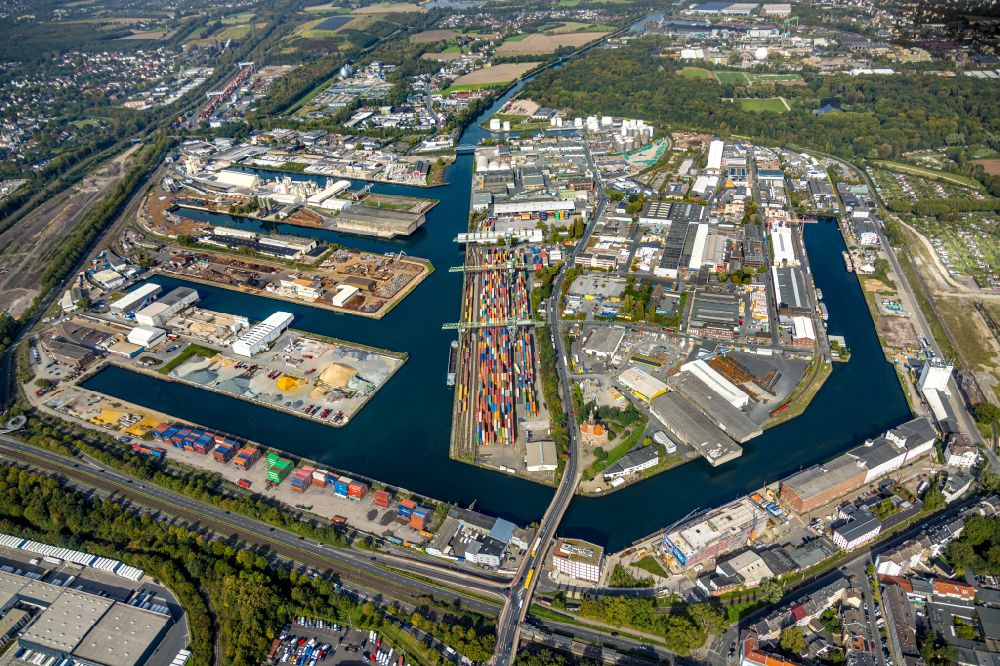 Dortmund from the bird's eye view: Container Terminal in the port of the inland port Containerhafen Dortmund mit Altem Hafenamt in Dortmund in the state North Rhine-Westphalia