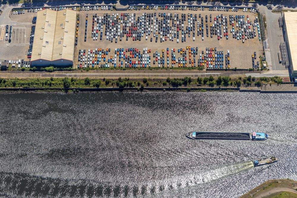 Duisburg from above - Container Terminal in the port of the inland port DUSS-TERMINAL in the district Homberg-Ruhrort-Baerl in Duisburg in the state North Rhine-Westphalia, Germany