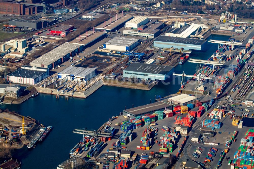 Aerial image Duisburg - Container Terminal in the port of the inland port in Freihafen in the district Ruhrort in Duisburg in the state North Rhine-Westphalia, Germany