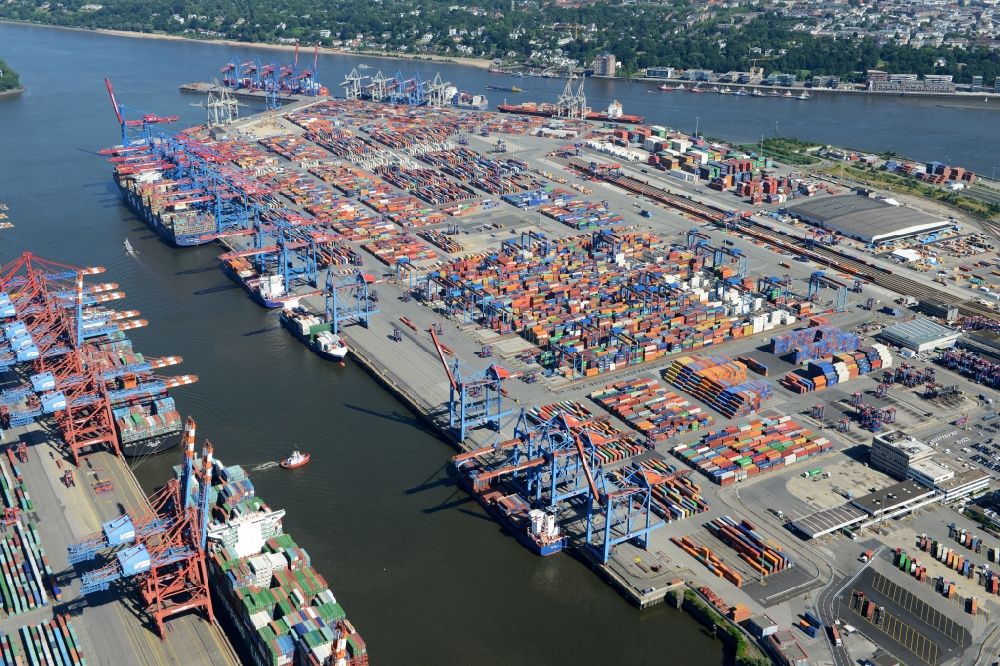 Aerial image Hamburg - Container Terminal in the port of the inland port HHLA - Burchardkai in Hamburg in Germany