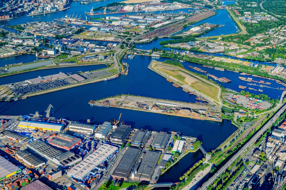 Aerial image Hamburg - Container Terminal in the port of the inland port on Oderhafen and Travehafen in the district Steinwerder in Hamburg, Germany