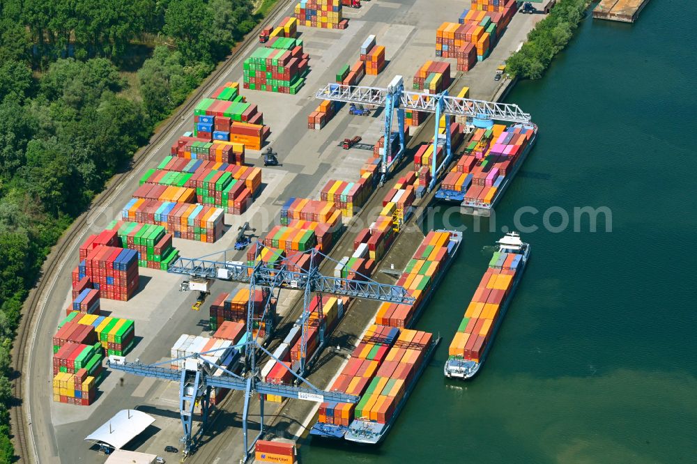 Aerial image Wörth am Rhein - Container terminal in the container port of Contargo Woerth-Karlsruhe GmbH on the lake of the Landeshafen in the district Industriegebiet Woerth-Oberwald in Woerth am Rhein in the state Rhineland-Palatinate, Germany