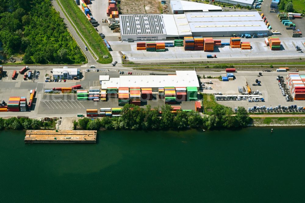 Aerial photograph Wörth am Rhein - Container terminal in the container port of Contargo Woerth-Karlsruhe GmbH on the lake of the Landeshafen in the district Industriegebiet Woerth-Oberwald in Woerth am Rhein in the state Rhineland-Palatinate, Germany