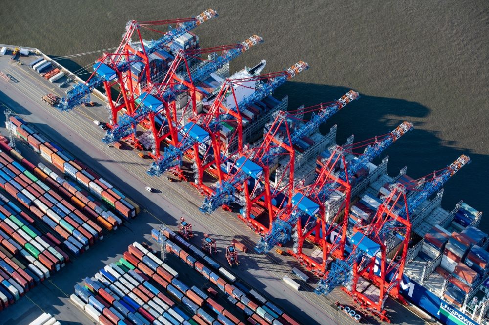 Aerial photograph Hamburg - Container terminal from Eurogate in the container port on Burchardkai of the Ueberseehafen in the Waltershof district in Hamburg, Germany