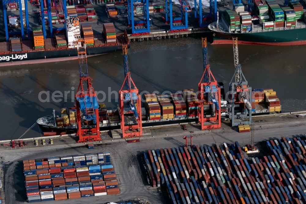 Aerial photograph Hamburg - Container terminal from Eurogate in the container port on Burchardkai of the Ueberseehafen in the Waltershof district in Hamburg, Germany