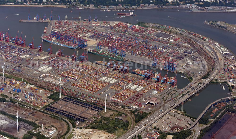 Hamburg from above - Container terminal from Eurogate in the container port on Burchardkai of the Ueberseehafen in the Waltershof district in Hamburg, Germany