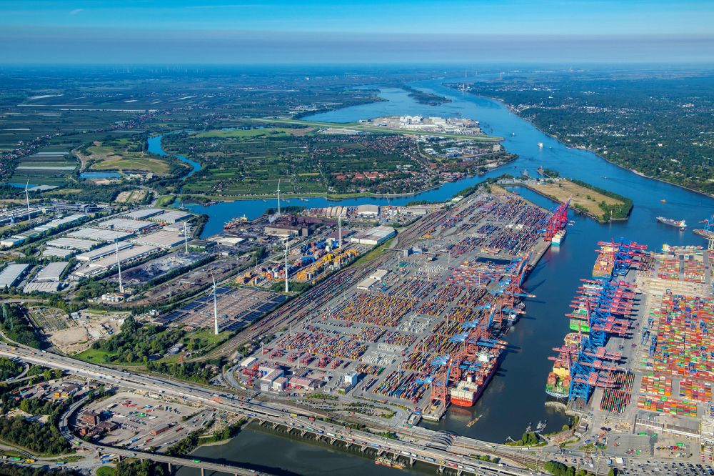 Hamburg from the bird's eye view: Container terminal from Eurogate in the container port on Burchardkai of the Ueberseehafen in the Waltershof district in Hamburg, Germany