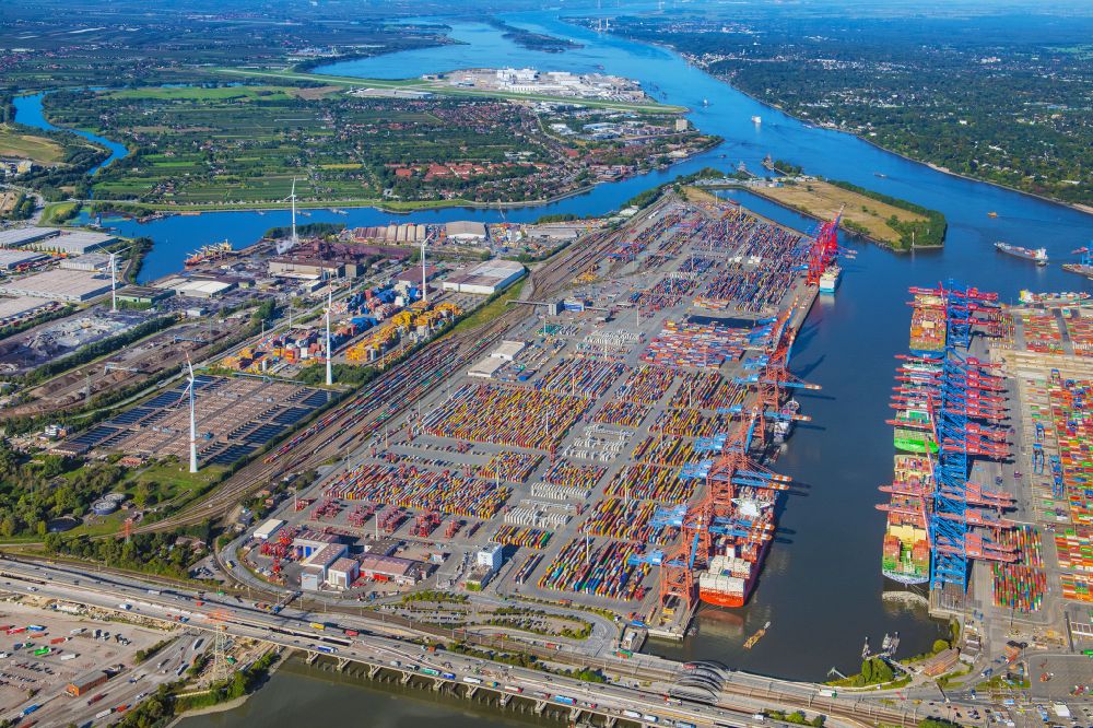 Aerial image Hamburg - Container terminal from Eurogate in the container port on Burchardkai of the Ueberseehafen in the Waltershof district in Hamburg, Germany