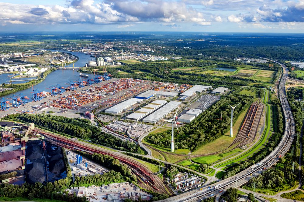 Aerial photograph Hamburg - Container Terminal HHLA Container Terminal Altenwerder (CTA) on the Elbe riverbank in the Altenwerder part of Hamburg in Germany