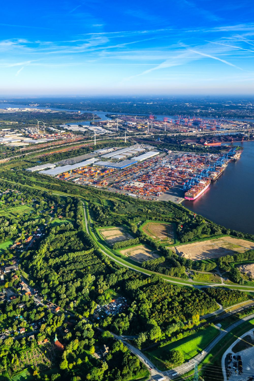 Aerial image Hamburg - Container Terminal HHLA Container Terminal Altenwerder (CTA) on the Elbe riverbank in the Altenwerder part of Hamburg in Germany