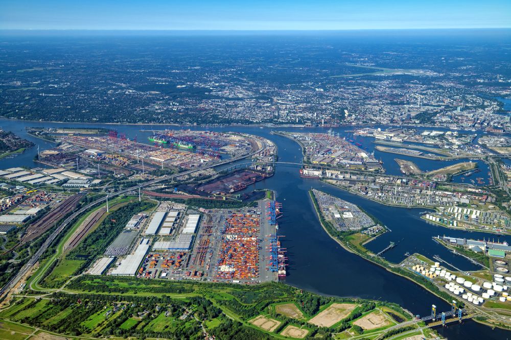 Hamburg from above - Container Terminal HHLA Container Terminal Altenwerder (CTA) on the Elbe riverbank in the Altenwerder part of Hamburg in Germany