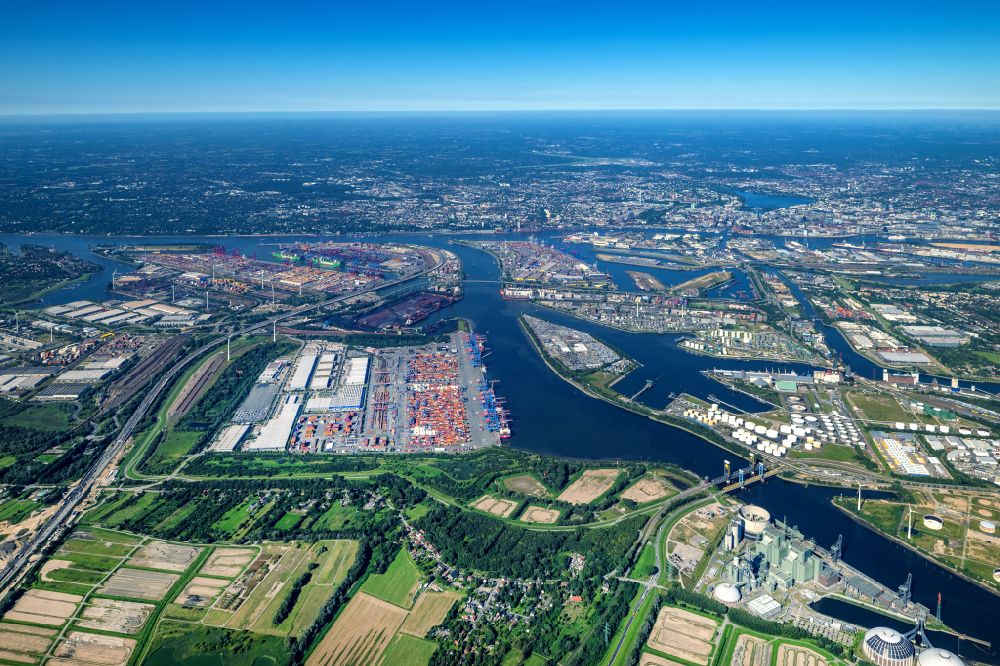 Hamburg from the bird's eye view: Container Terminal HHLA Container Terminal Altenwerder (CTA) on the Elbe riverbank in the Altenwerder part of Hamburg in Germany