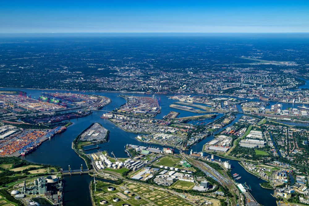 Aerial image Hamburg - Container Terminal HHLA Container Terminal Altenwerder (CTA) on the Elbe riverbank in the Altenwerder part of Hamburg in Germany
