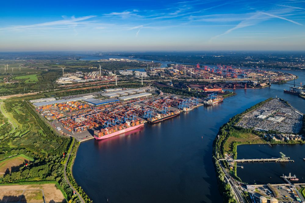 Hamburg from above - Container Terminal HHLA Container Terminal Altenwerder (CTA) on the Elbe riverbank in the Altenwerder part of Hamburg in Germany