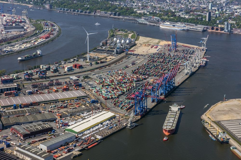 Aerial photograph Hamburg - Container Terminal Tollerort in the port of the international port in district Steinwerder in Hamburg with sewage works Koehlbrandhoeft
