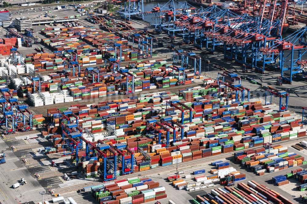 Aerial image Hamburg - Container Terminal Tollerort in the port of the international port in district Steinwerder in Hamburg with sewage works Koehlbrandhoeft