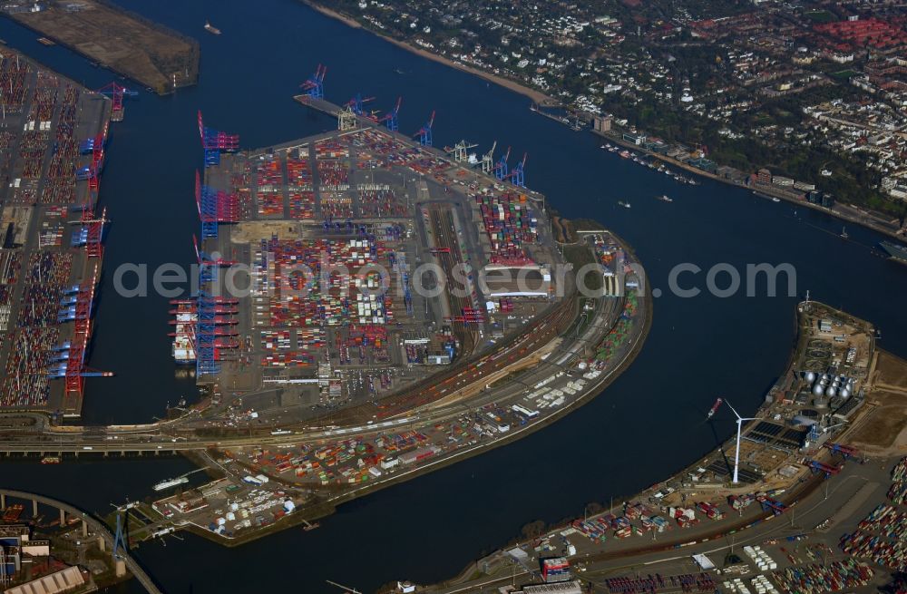 Hamburg from the bird's eye view: Container Terminal Tollerort in the port of the international port in district Steinwerder in Hamburg with sewage works Koehlbrandhoeft