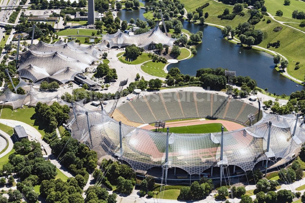 München from above - Sports facility grounds of the Olypmic stadium in Munich in the state Bavaria, Germany