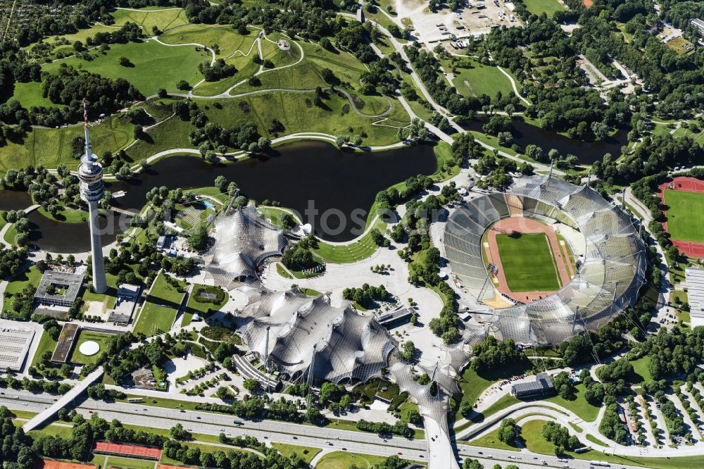 München from the bird's eye view: Sports facility grounds of the Olypmic stadium in Munich in the state Bavaria, Germany