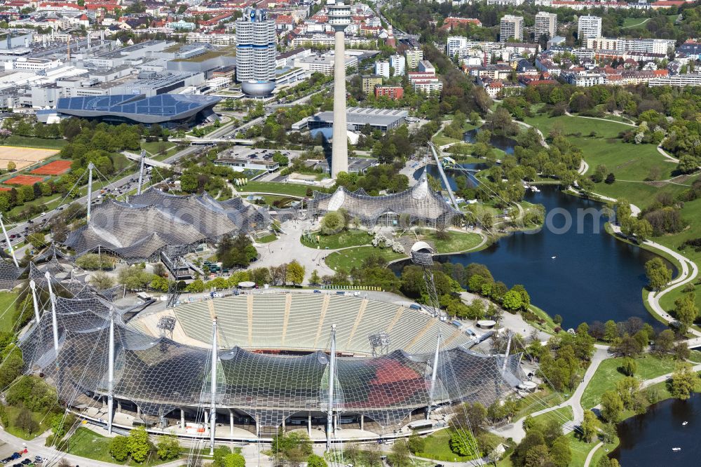 München from above - Sports facility grounds of the Olypmic stadium in Munich in the state Bavaria, Germany