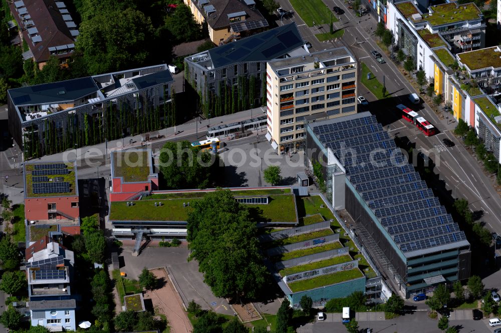 Aerial image Freiburg im Breisgau - Roof construction with photovoltaic system on the building of the multi-storey car park on Merzhauser Strasse in Freiburg im Breisgau in the state Baden-Wuerttemberg, Germany