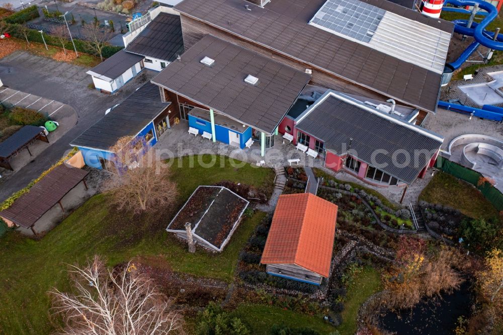 Schwedt/Oder from above - Collapsed roof structure of the thermal baths of the outdoor swimming pool and leisure facility AquariUM in Schwedt / Oder in the Uckermark in the state Brandenburg, Germany