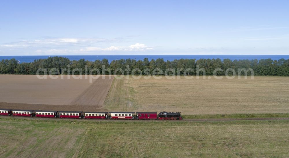 Aerial photograph Wittenbeck - Steam train Molli near Wittenbeck in the state Mecklenburg - Western Pomerania, Germany
