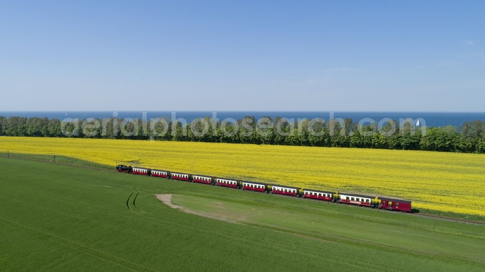 Aerial image Wittenbeck - Steam train Molli in Wittenbeck near Kuehlungsborn in the state Mecklenburg - Western Pomerania, Germany