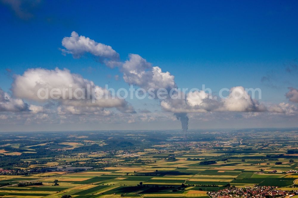 Aerial photograph Essenbach - Steam column of nuclear power plant Isar in Essenbach in the state Bavaria, Germany