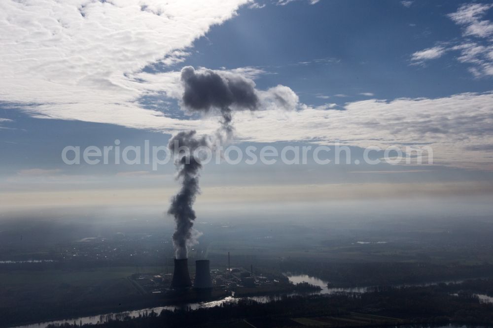 Aerial image Philippsburg - Clouds over the cooling tower of the NPP nuclear power plant of EnBW Kernkraft GmbH, Kernkraftwerk Philippsburg on an Island in the river rhine in Philippsburg in the state Baden-Wuerttemberg, Germany