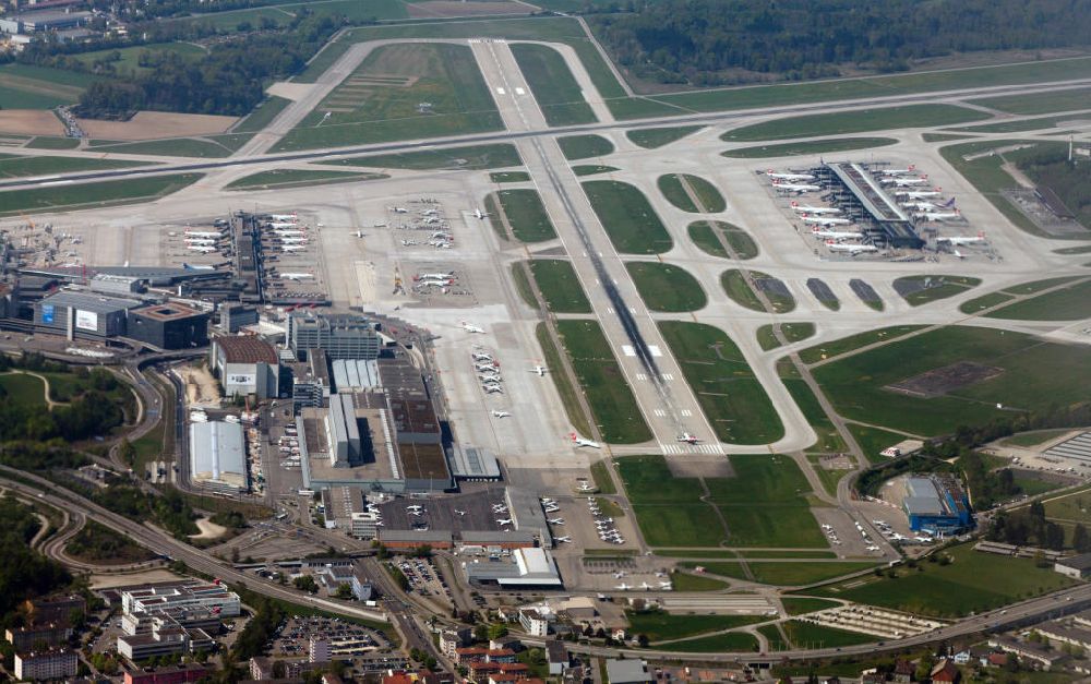 Aerial image Zürich - View at the dispatch building and the runway 10/28, which is one of three landing and starting runways of Zürich airport