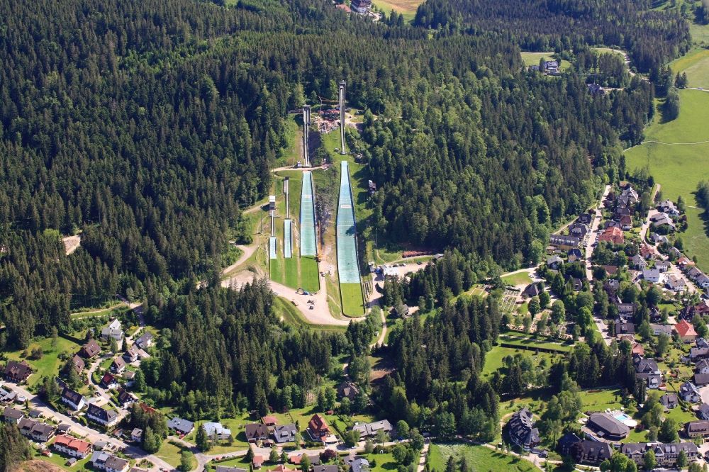 Aerial photograph Hinterzarten - The Adler ski stadium in Hinterzarten in Baden - Wuerttemberg consists of four jumps for ski jumping and is a base for Nordic combined