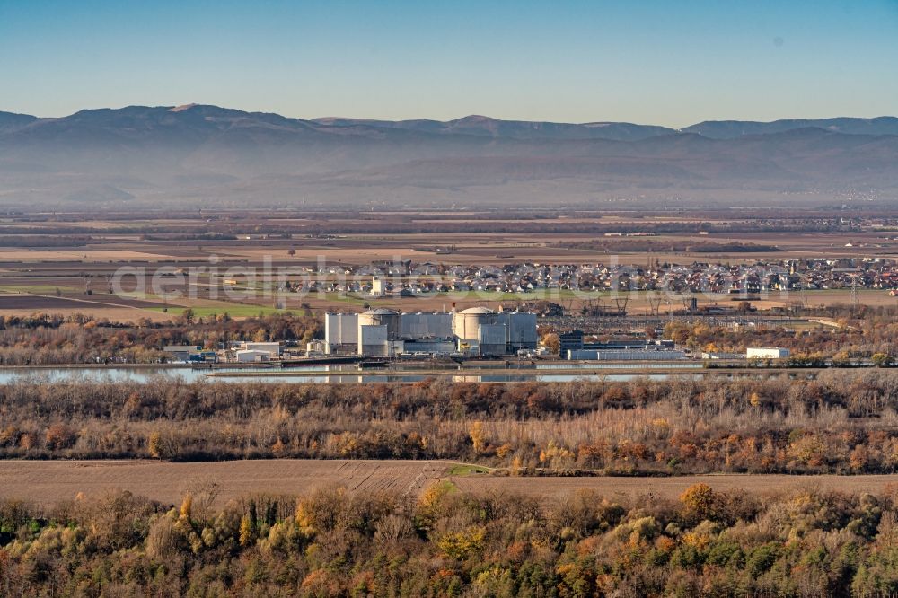 Fessenheim from above - The nuclear power plant in Fessenheim in France on the Upper Rhine on the shore of the Grand Canal d'Alsace is the oldest nuclear power plant in France