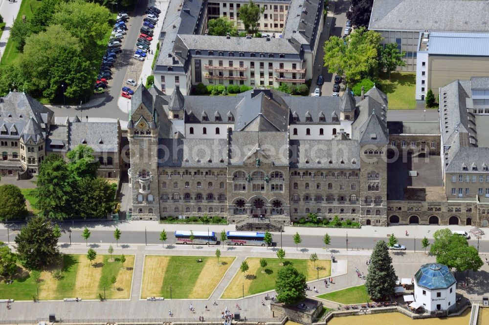 Koblenz from the bird's eye view: The former Prussian Parliament in the Rhine Compounds of the city of Coblenz in the state of Rhineland-Palatinate. The building was seat of government of the governmental district of Coblenz. Today it is home to a department of the armed forces (Bundeswehr). The building is UNESCO World heritage and protected cultural good