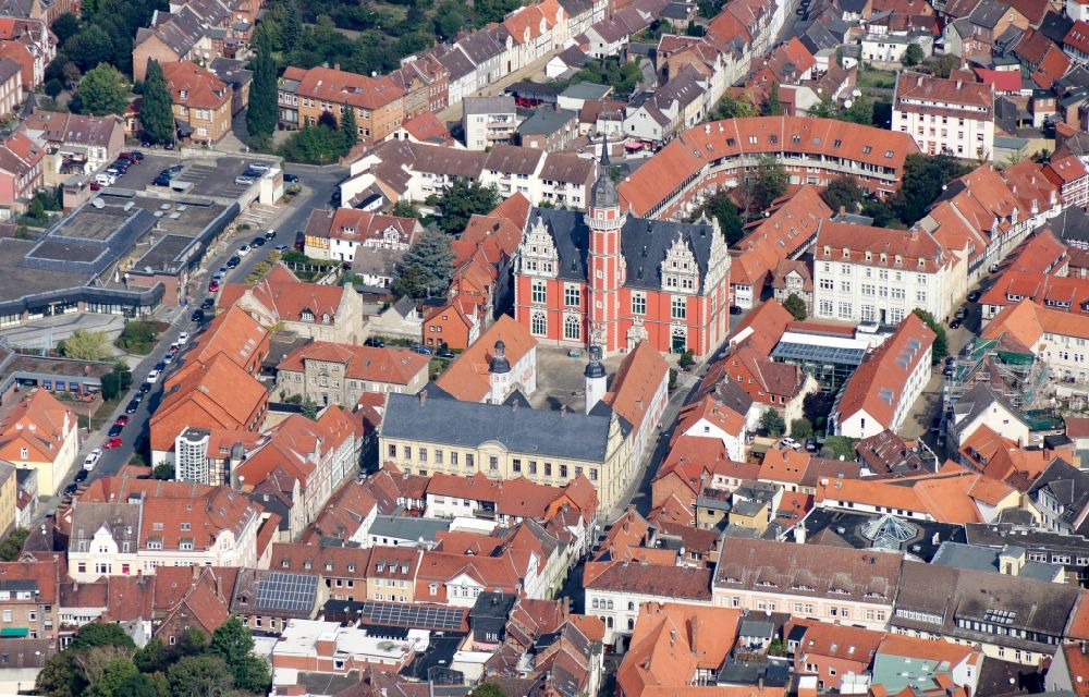 Helmstedt from above - Look at the Juleum in Helmstedt in Lower Saxony. The Juleum, also Juleum novum, is a multi-story classroom and library building of the former University in the lower Saxon district of Helmstedt in Germany. The building was built between 1592 and 1612 in the Weser Renaissance style built in and is one of the most important secular buildings of this period in North Germany