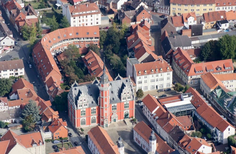 Helmstedt from the bird's eye view: Look at the Juleum in Helmstedt in Lower Saxony. The Juleum, also Juleum novum, is a multi-story classroom and library building of the former University in the lower Saxon district of Helmstedt in Germany. The building was built between 1592 and 1612 in the Weser Renaissance style built in and is one of the most important secular buildings of this period in North Germany