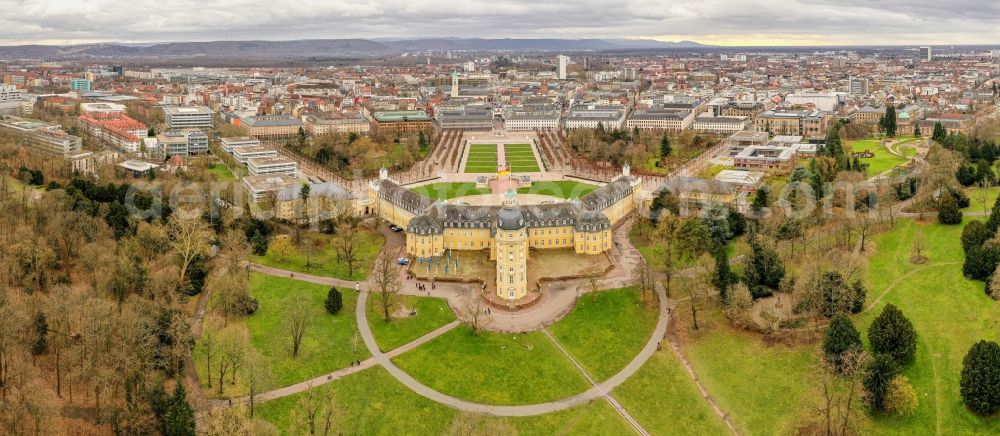 Aerial image Karlsruhe - Horizontally perspective in the city center in the downtown area. The castle in the district Stadtmitte in Karlsruhe in the state Baden-Wurttemberg, Germany