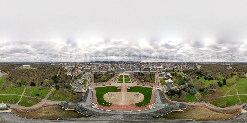 Karlsruhe from the bird's eye view: Horizontally perspective in the city center in the downtown area. The castle in the district Stadtmitte in Karlsruhe in the state Baden-Wurttemberg, Germany
