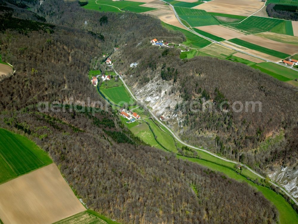 Blaustein from above - The Kleine Lautertal - small Lauter Valley - in the community of Blaustein in the state of Baden-Württemberg. The river Lauter is a side arm of the river Blau. The valley is the second largest nature preserve area of the region. It is a favoured spot for canoeing and runs through Herrlingen, a part of the county of Blaustein
