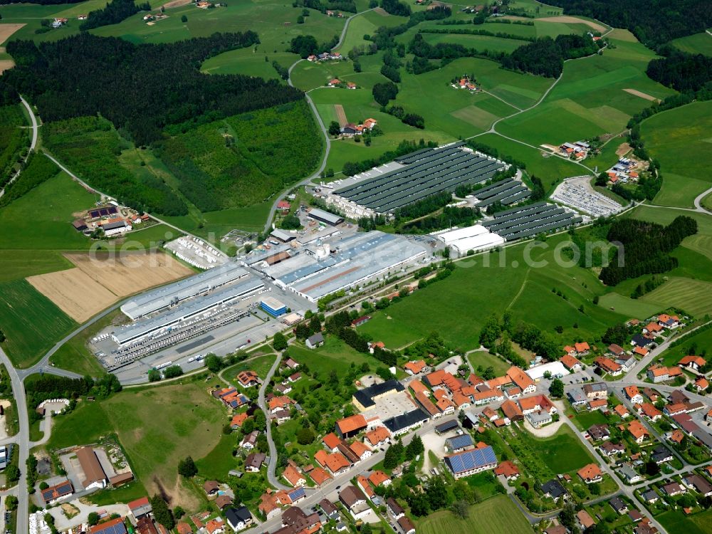 Jandelsbrunn from above - The Knauswerk in the district Jandelsbrunn in the state of Bavaria. The Knaus Tabbert company is one of the leading manufacturers of caravans and motor homes. The main seat and headquarters of the company is located in the bavarian village. Guided Tours are available