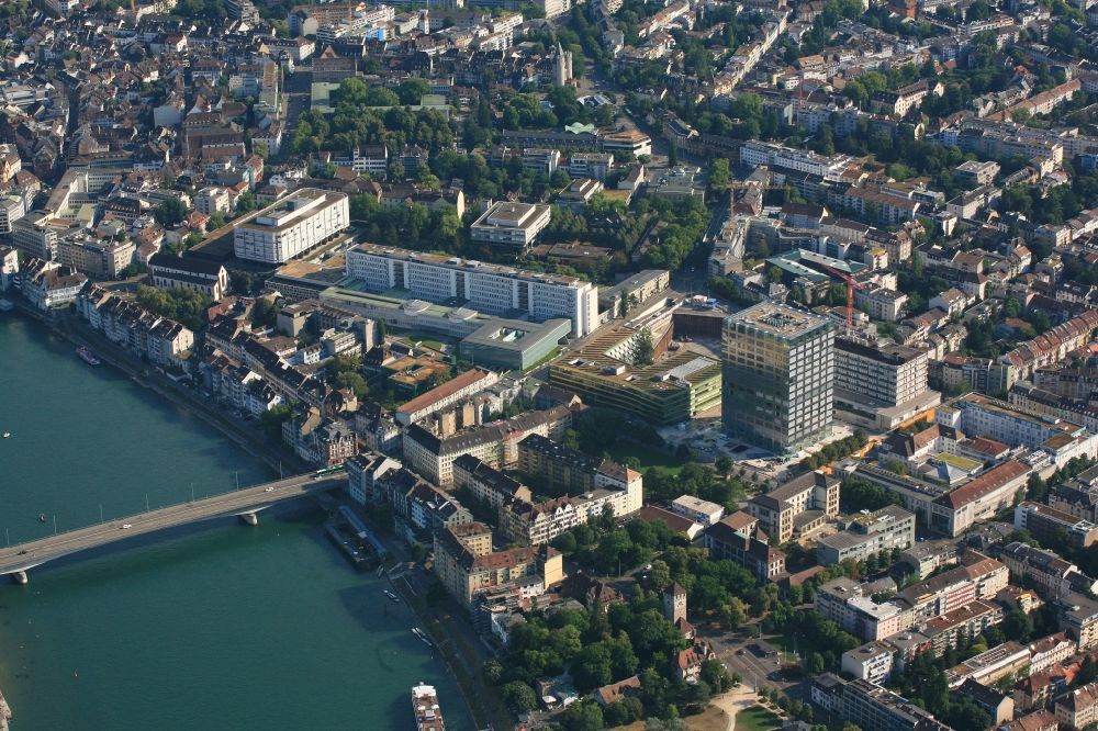 Aerial photograph Basel - The new high-rise building Biozentrum on the grounds of the university Basle and the hospital area and buildings of Universitaetsspital close to the river Rhine in Basle, Switzerland