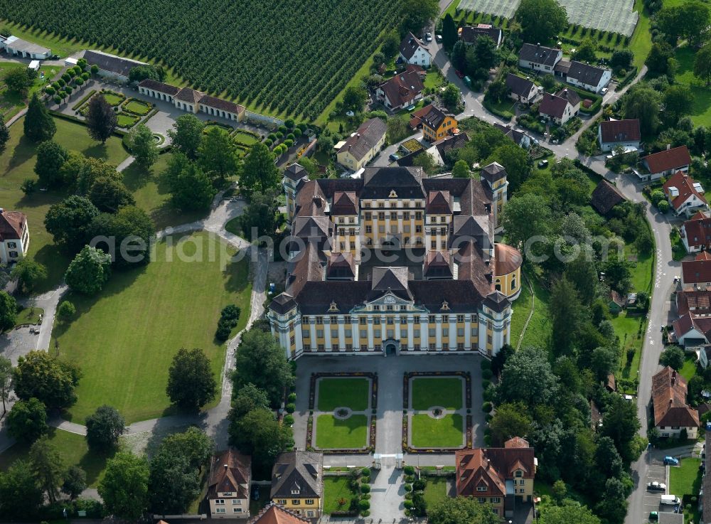 Tettnang from above - The New Castle in Tettnang in the state of Baden-Württemberg. It is one of three castles and palaces in the city and is recognized as one of the most beautiful castles in the Upper Swabia region. It was built in the typical baroque style and is open for visitors