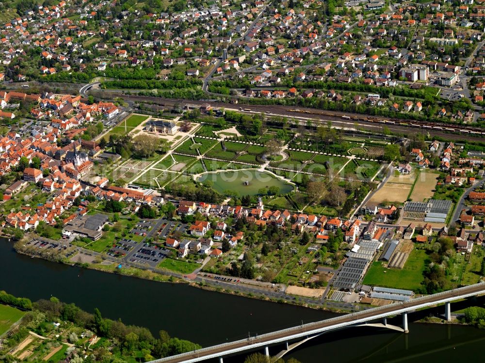Aerial image Veitshöchheim - The Palace Veitshöchheim in the city of the same name in the state of Bavaria. The castle is a former summer residence of the bishops of Würzburg and the Bavarian kings. The compound is famous for its rococo garden and park. It is close to the river Main and is an event and tourism site