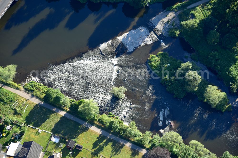 Aerial image Windeck - The Siegwehr popularly called Waterfall in Dattenfeld in the state North Rhine-Westphalia, Germany. The almost 400-year-old weir is to be dismantled due to the Water Framework Directive and the European area protection of the fauna-flora-habitat area, which meets with considerable resistance from the population