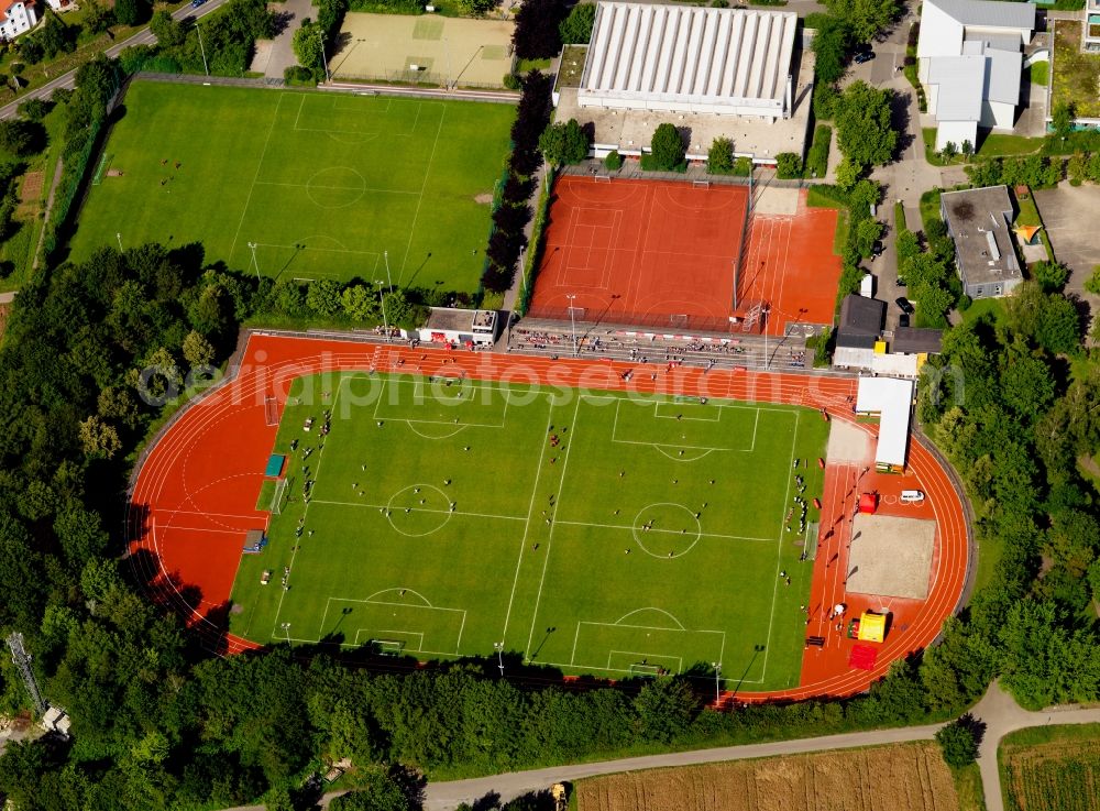 Marbach from the bird's eye view: The stadium Am Leiselstein in Marbach am Neckar in the state of Baden-Württemberg. The sporting grounds are mainly used by the local football and athletics club. They consist of a classical athletics stadium, football pitches and a tennis court