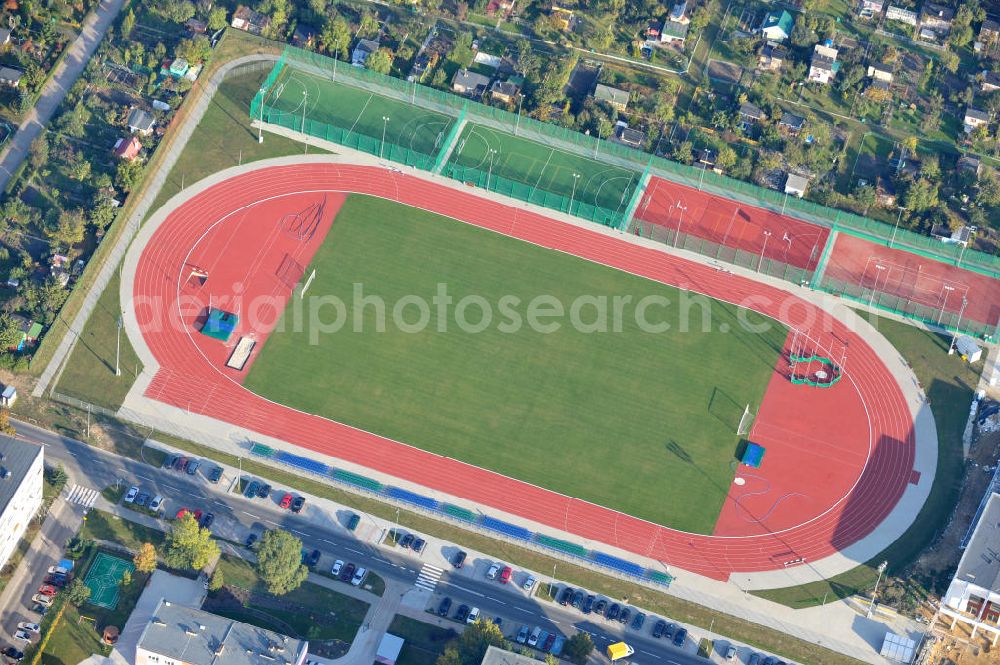 POLKOWICE / POLKWITZ from the bird's eye view: View of the KS Stadium of Polkowice, Poland. It is the homeplace of the local football club KS Polkowice