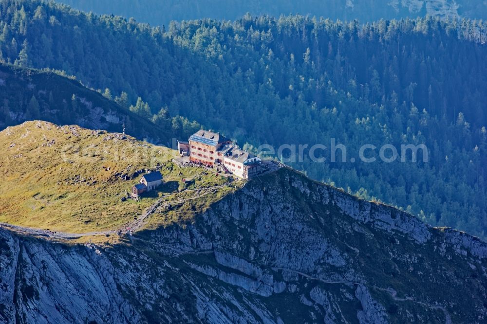 Aerial photograph Ramsau bei Berchtesgaden - The Watzmannhaus on the Falzkoepfl above Ramsau near Berchtesgaden in the state of Bavaria. The Alpenvereinshuette of the German Alpine Club is located in the rock and mountain landscape of the national park Berchtesgaden and is an important base for Watzmann for day and overnight guests