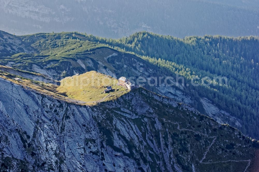 Ramsau bei Berchtesgaden from the bird's eye view: The Watzmannhaus on the Falzkoepfl above Ramsau near Berchtesgaden in the state of Bavaria. The Alpenvereinshuette of the German Alpine Club is located in the rock and mountain landscape of the national park Berchtesgaden and is an important base for Watzmann for day and overnight guests
