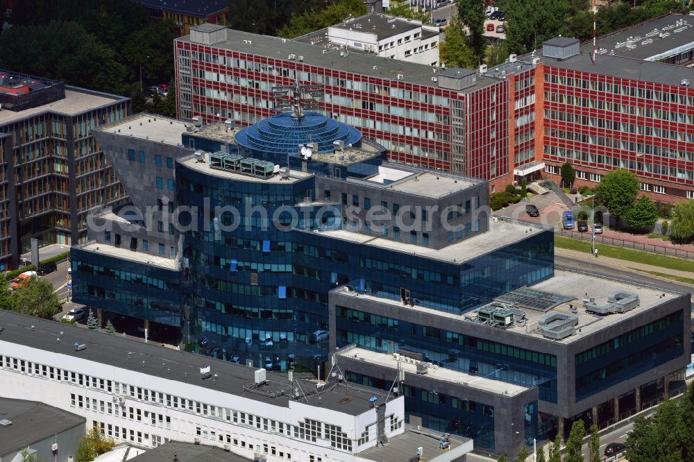 Aerial image Warschau - The Zepter Business Centre in the Mokotow district in Warsaw in Poland. The eight story office building consists of two connected parts and is renowned for its glas facade and dome. Also characterised by its ship shape, it was designed by the architectural office Gader