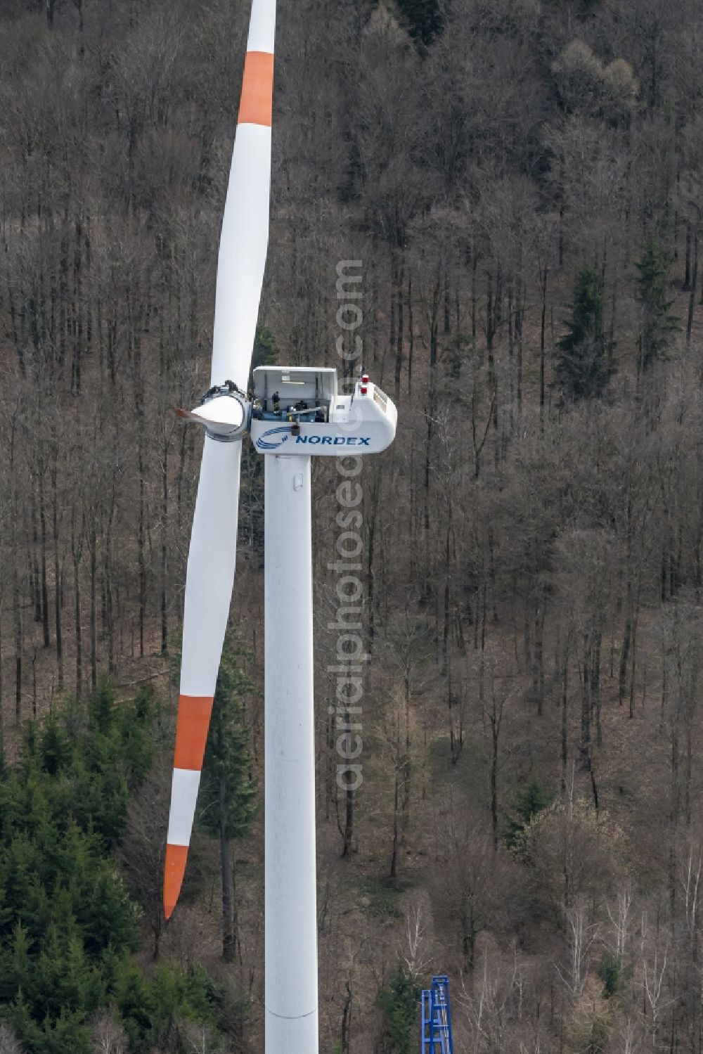 Ettenheimmünster from the bird's eye view: Wind turbine windmills (WEA) in a forest area in Ettenheimmuenster in the state Baden-Wurttemberg, Germany
